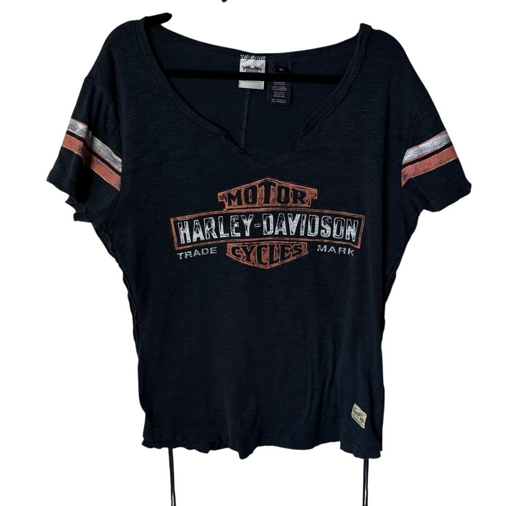 Harley-Davidson Women's XL Black Side Tie Graphic Tee Shirt Moto Biker Slub Knit